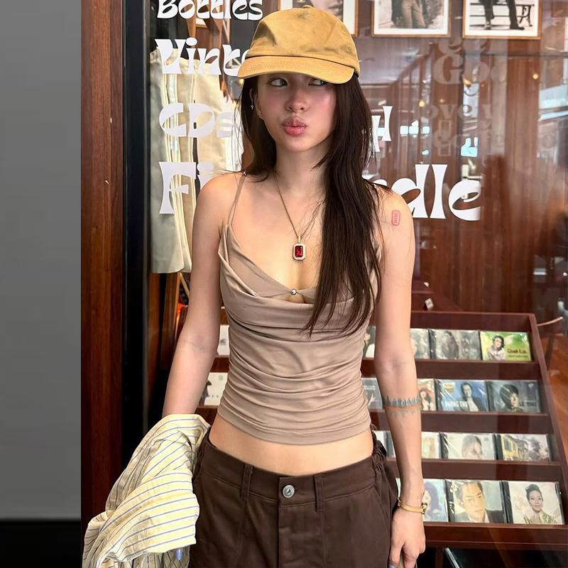 Ins Style Draped Collar Cami Top Women Sexy Pure Desire Spaghetti Strap Vest Summer Daily Wear