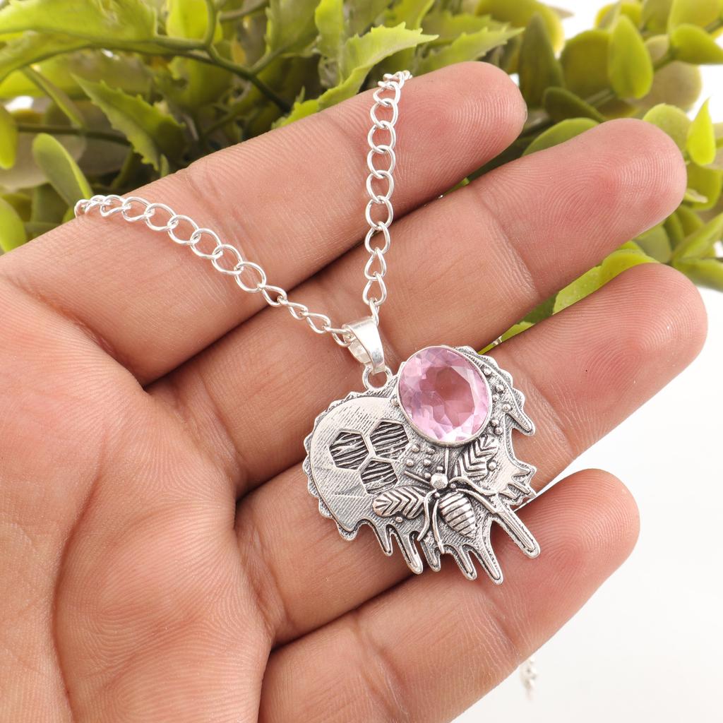 Morganite Pendant, Handmade Gemstone 925 Solid Sterling Silver Pendant Antique Jewelry, For Wedding Gift