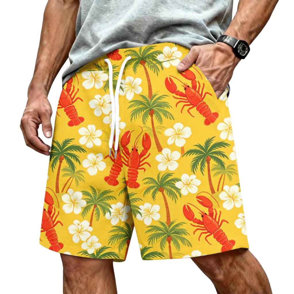 Men's Hawaiian Print Mesh Shorts with Drawstring Elastic Waist for Summer Beach