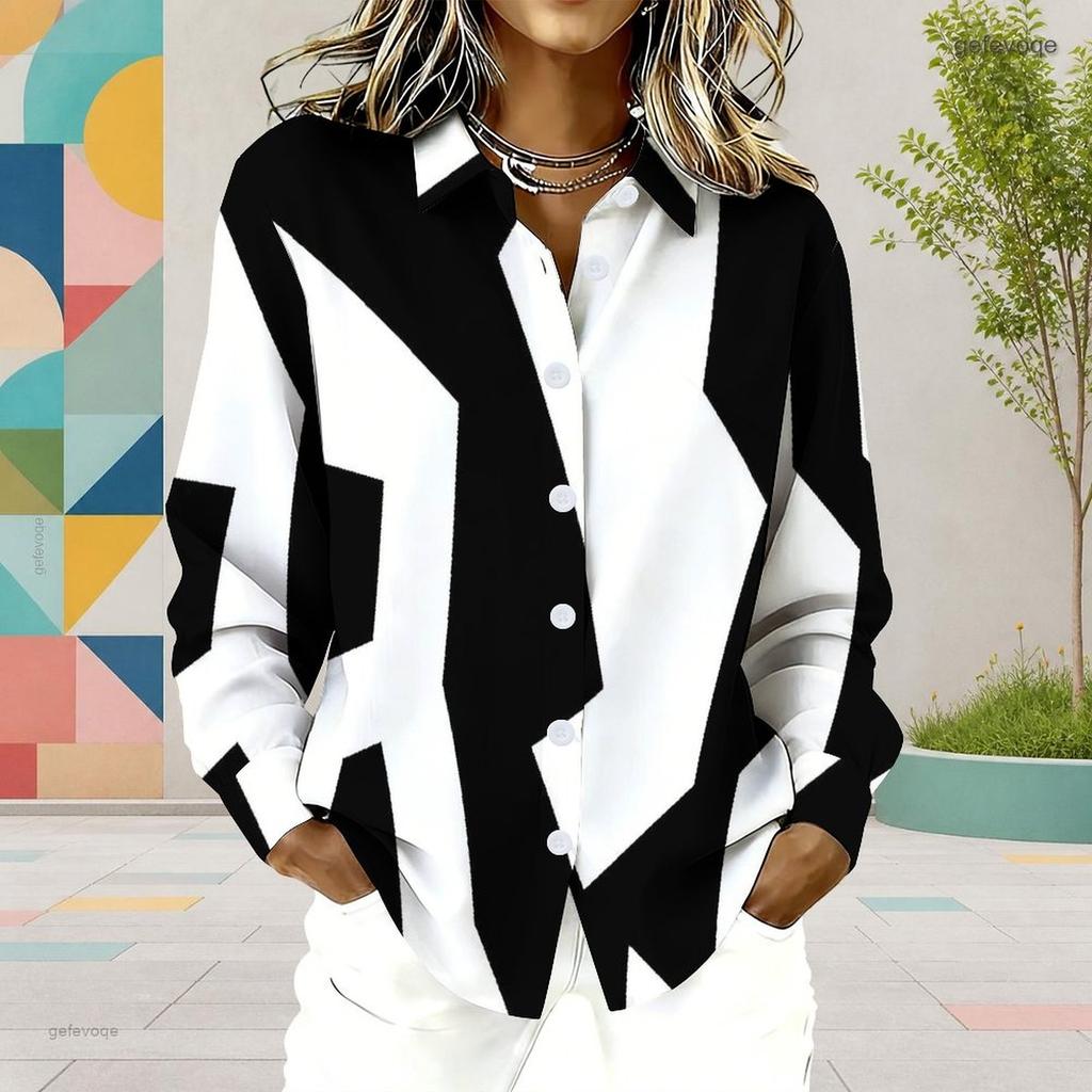 Women Plus Size Collared Neck Long Sleeve Black White Geometric Printed Button Front Curved Hem Shirt