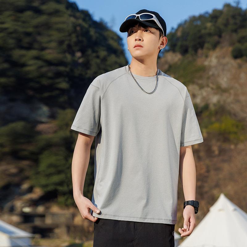 

Мужская футболка с контрастной строчкой, коротким рукавом реглан, быстросохнущая, повседневная, свободного кроя, летний топ M светло-серый