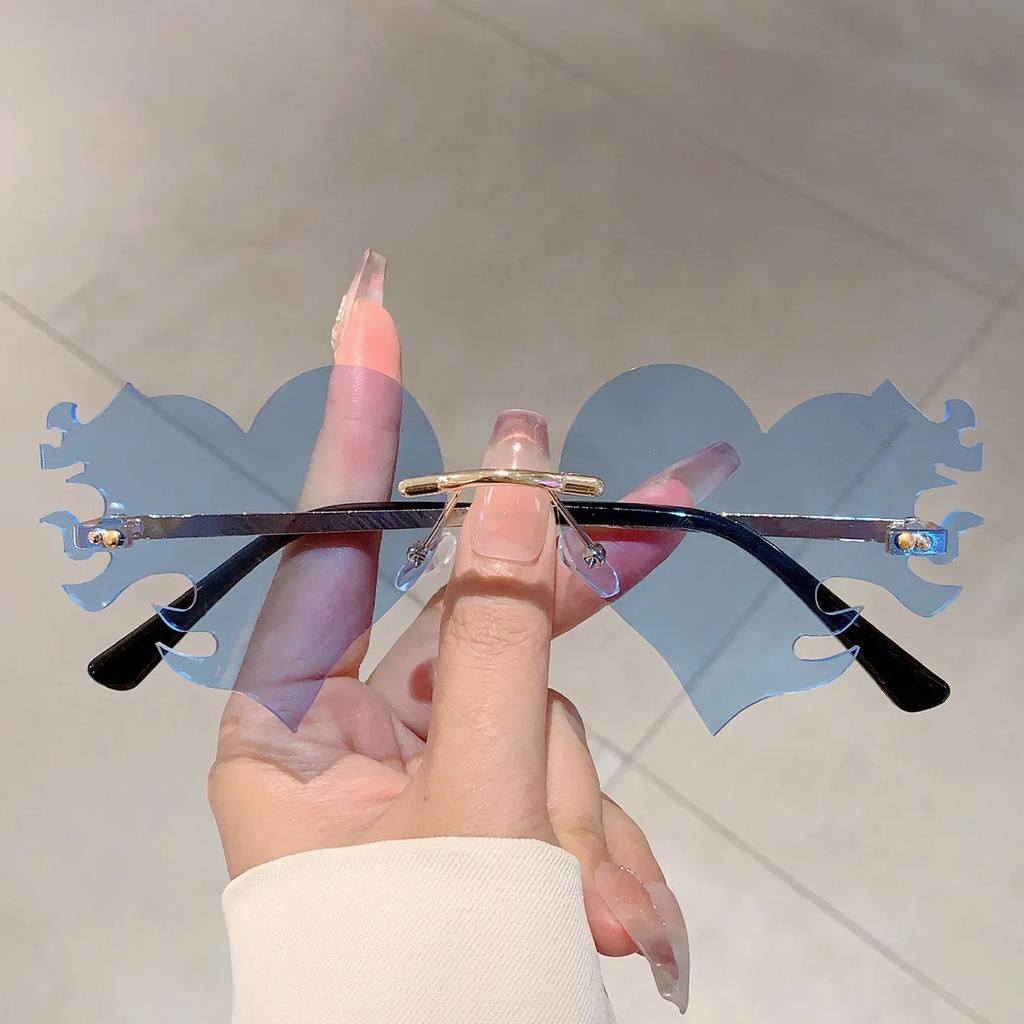 Vintage Rimless Flame Love Heart Sunglasses Women For Men Luxury Brand Designer Sun Glasses Punk Popular Party Hip Hop Eyewear