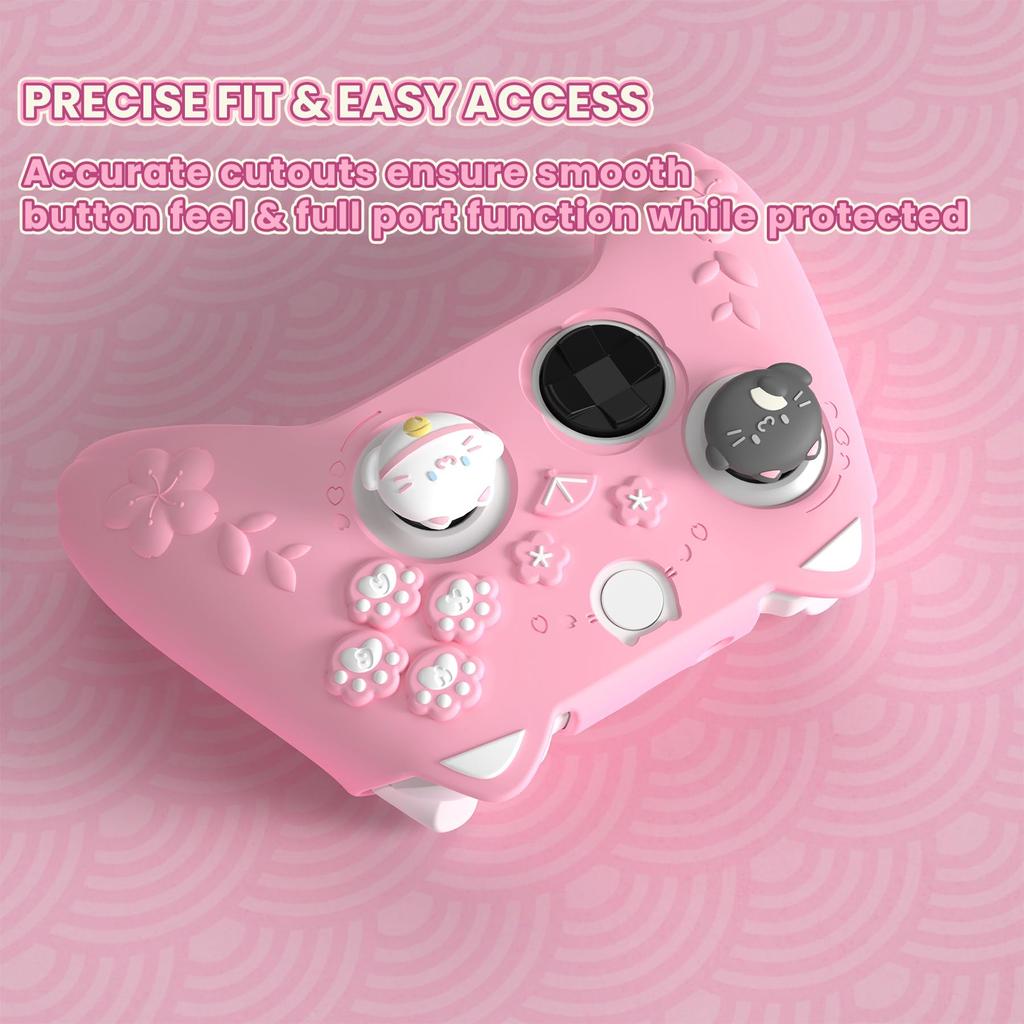 PlayVital Silicone Cover for Xbox Series Sakura Kitten Design Grip Cover Thumbstick Caps Stickers Soft Rubber Case for Xbox Wireless Controllers X/S