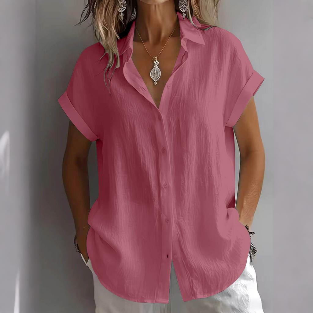 Women's Color Short Sleeve Button Down Shirt - Loose Fit Turn-Down Collar Blouse for Casual Daily Wear
