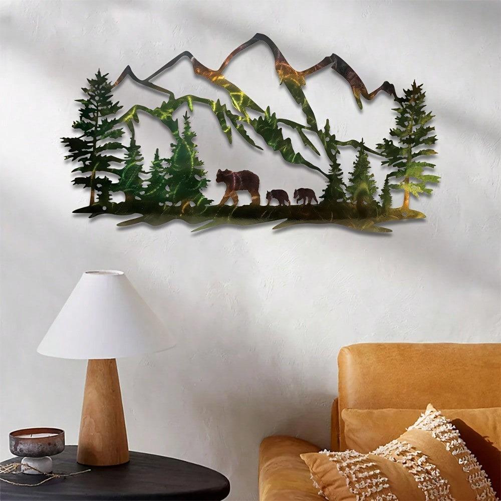 Metal Forest Wall Art Bear and Mountain Silhouette, Iron Home Decor, Indoor Outdoor Garden Decoration, Housewarming Gift