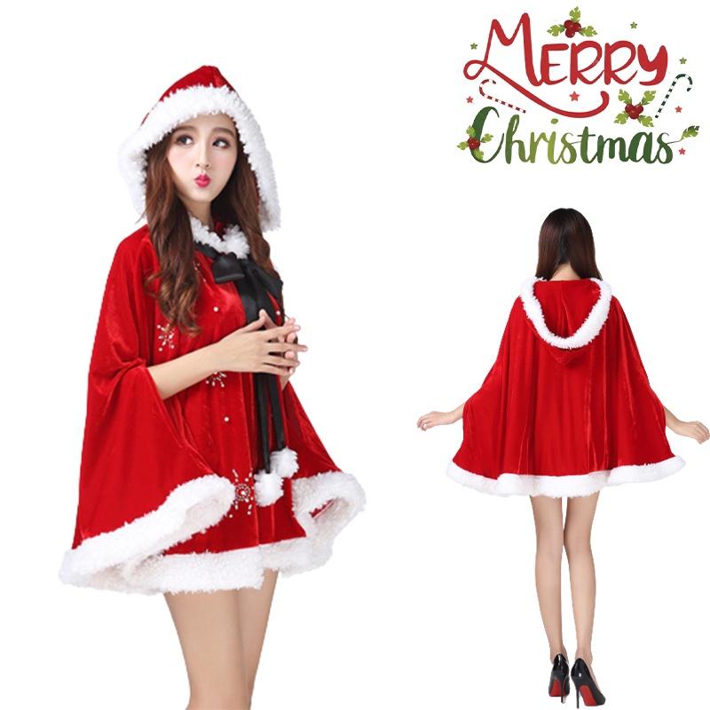 Stunning Women Christmas Red Velvet Santa Claus Cloak Cape Hooded Xmas Cosplay Costume