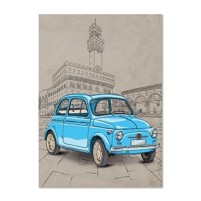 Italian Style Famous Building Background Fiat 500 Red Yellow Vespa Poster Print Wall Art Picture Canvas Painting Room Home Decor