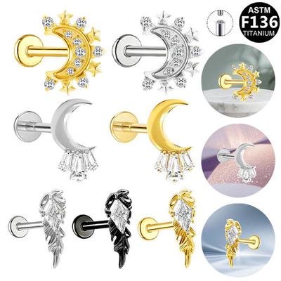G23 Titanium Moon Star Heart Earrings with Cubic Zirconia and Stainless Steel Piercing.