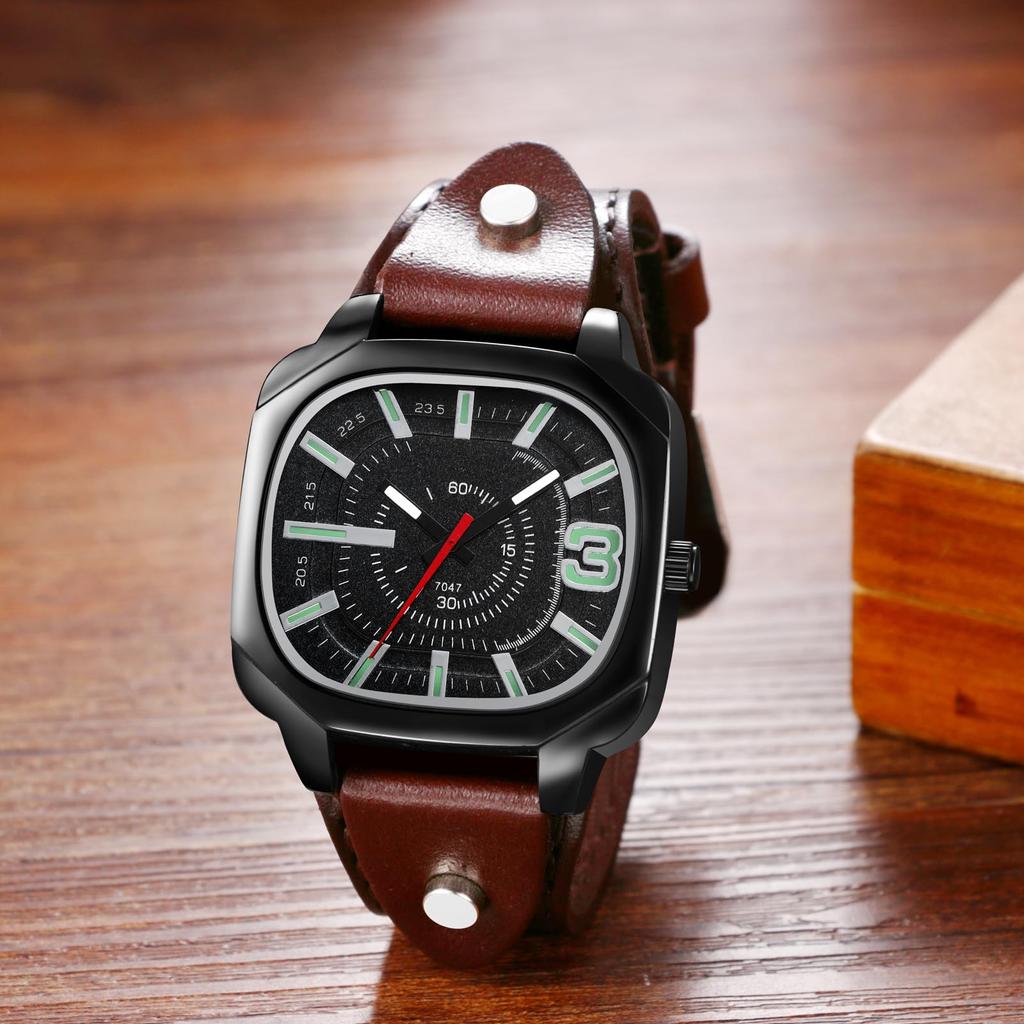Square Watch with Genuine Leather Strap and Luminous Analog Large Quartz Watch with Adjustable Unisex Perfect Gift for or Any Men's Display Retro,