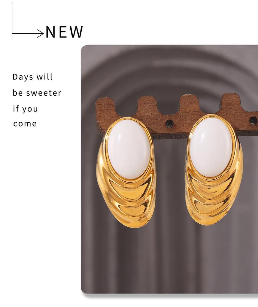 French Oval Water Ripple White Stone Stud Earrings, Stainless Steel PVD Electroplated