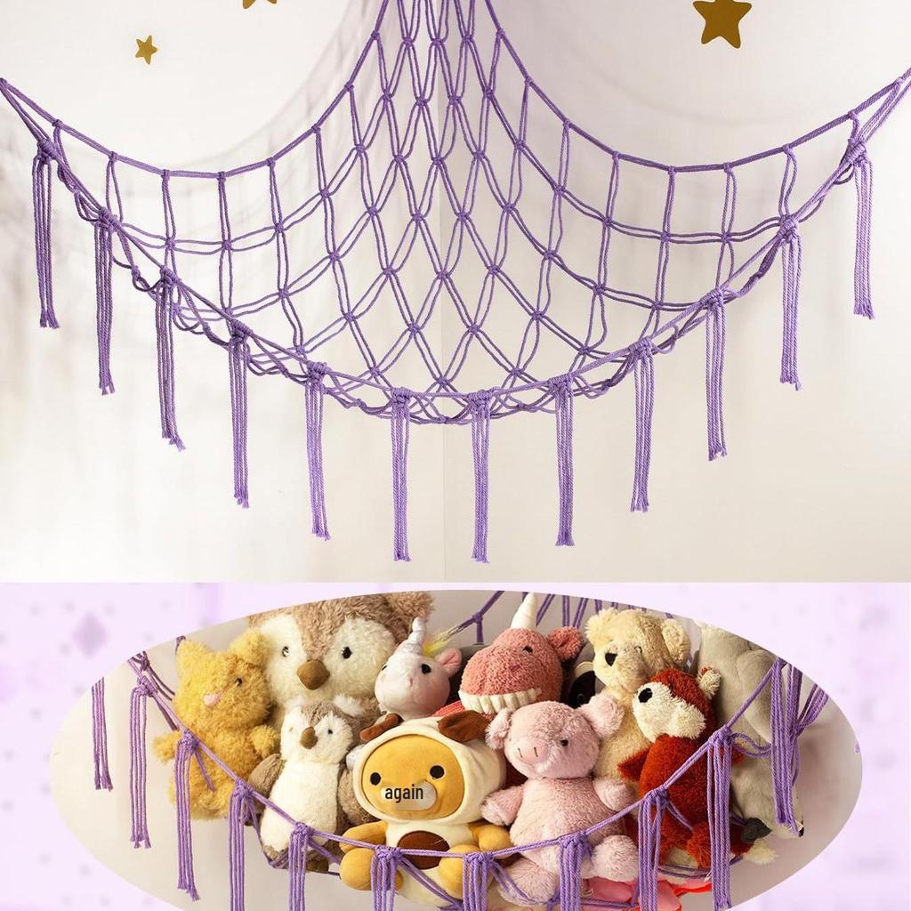 Corner Hanging Woven Cotton Rope Toy Storage Net with Tassels