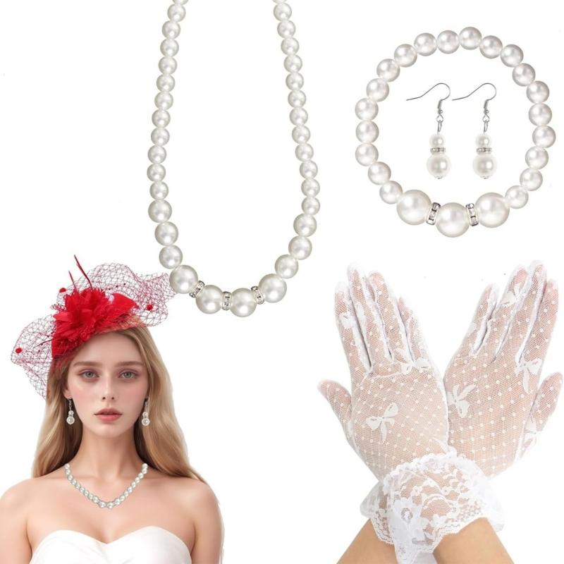 5Pcs 1920s Teas Party Accessories Set for Women Teas Party Fascinators Hats Lace Gloves Necklace Bracelet Earrings