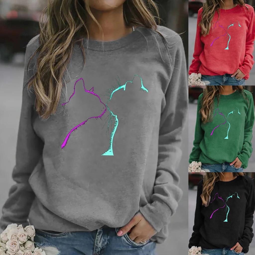 Buy Women's Cat Print Sweater Long Sleeve Top wTWomen's Clothing at