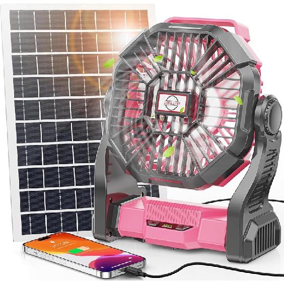 20000mAh Solar Fan with LED Lantern, 10W Solar Panel Rechargeable Battery Powered Camping Fan for Outside, 9 Inch Portable Battery Operated Hurricane 20000mAh розовый