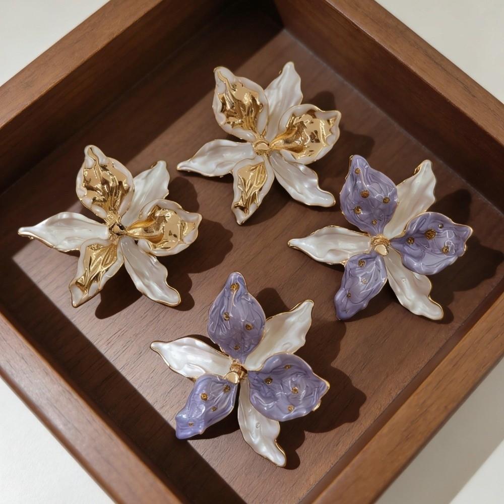 1 pair Luxury Enamel Iris Earrings Zinc Zinc Alloy Metal Flower Ear Studs Golden and Silver Earrings  Banquet