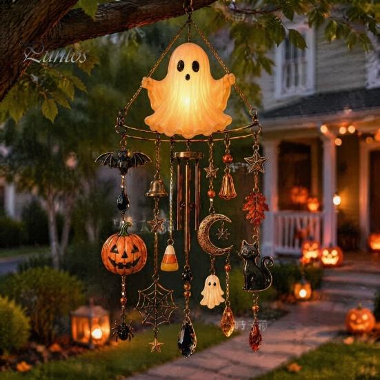 Luminous Wind Chime Halloween Ghost Chime, Glow-in-The-Dark Hanging Ornament with Pumpkin Bat Spooky Patio Decorations Spider Charms, Rustproof Metal