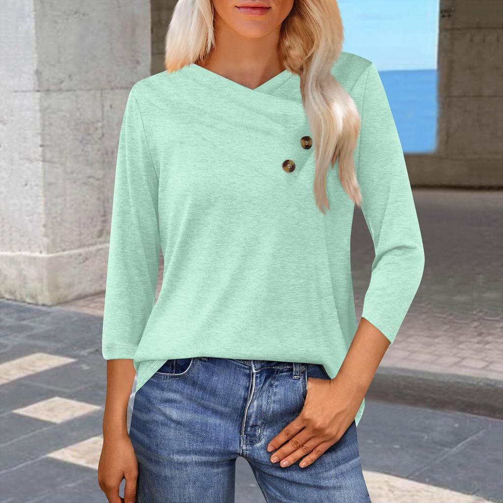 Women's Fashion Casual Solid Color Printed Seven-point Sleeve V-neck Button-down T-shirt
