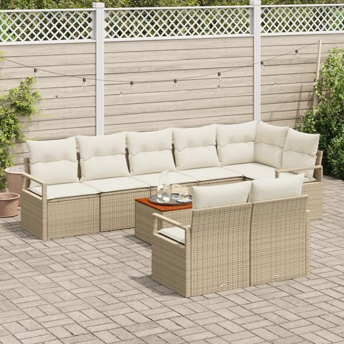 Canapé de jardin 9 pièces avec coussins Beige Poly Rotin Acacia, Canapé 2 places avec rangement et coussins Beige Poly Rotin 3356391