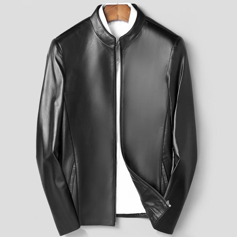 

Весна и осень, новая мужская мотоциклетная куртка из натуральной овчины с коротким воротником-стойкой, облегающая куртка для молодежи и среднего возраста 4XL