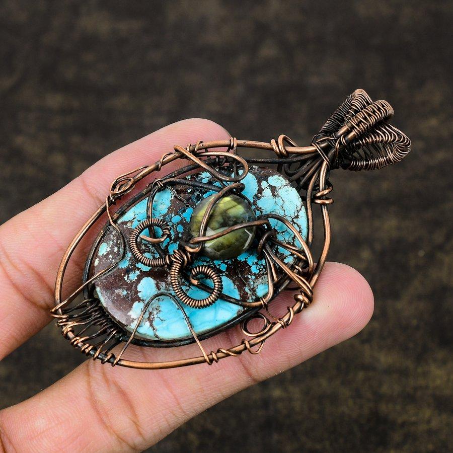 Tibetan Turquoise Handmade Copper Wire Wrap Jewelry Pendant 3.27" L6M69
