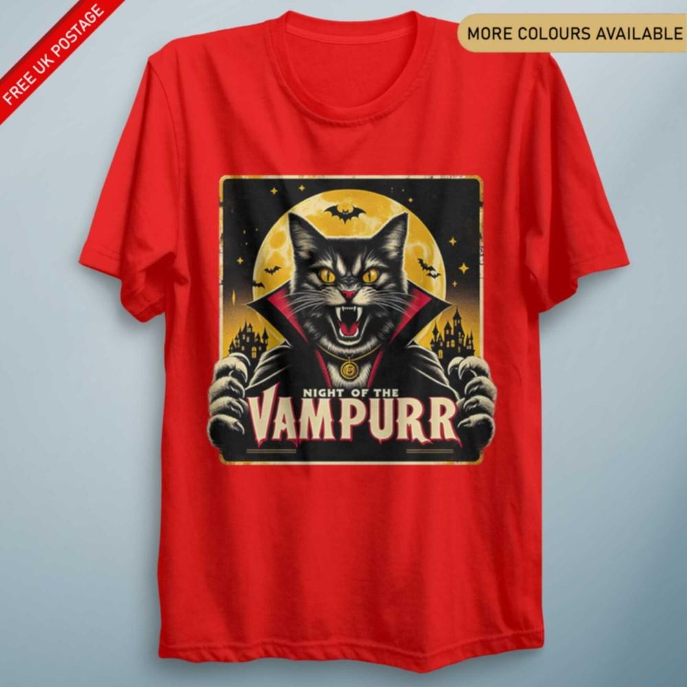 Night Of The Vampurr Cat Tee Halloween Horror Spooky Parody Halloween T Shirt S