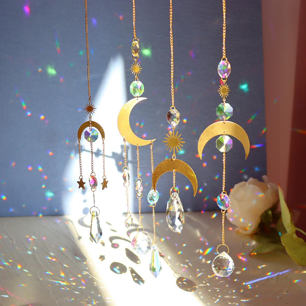 Crystal Star Moon Pendant Diamond Prisms Colorful Beads Hanging Pendant Wind Chime Home Lighting Accessory Decor