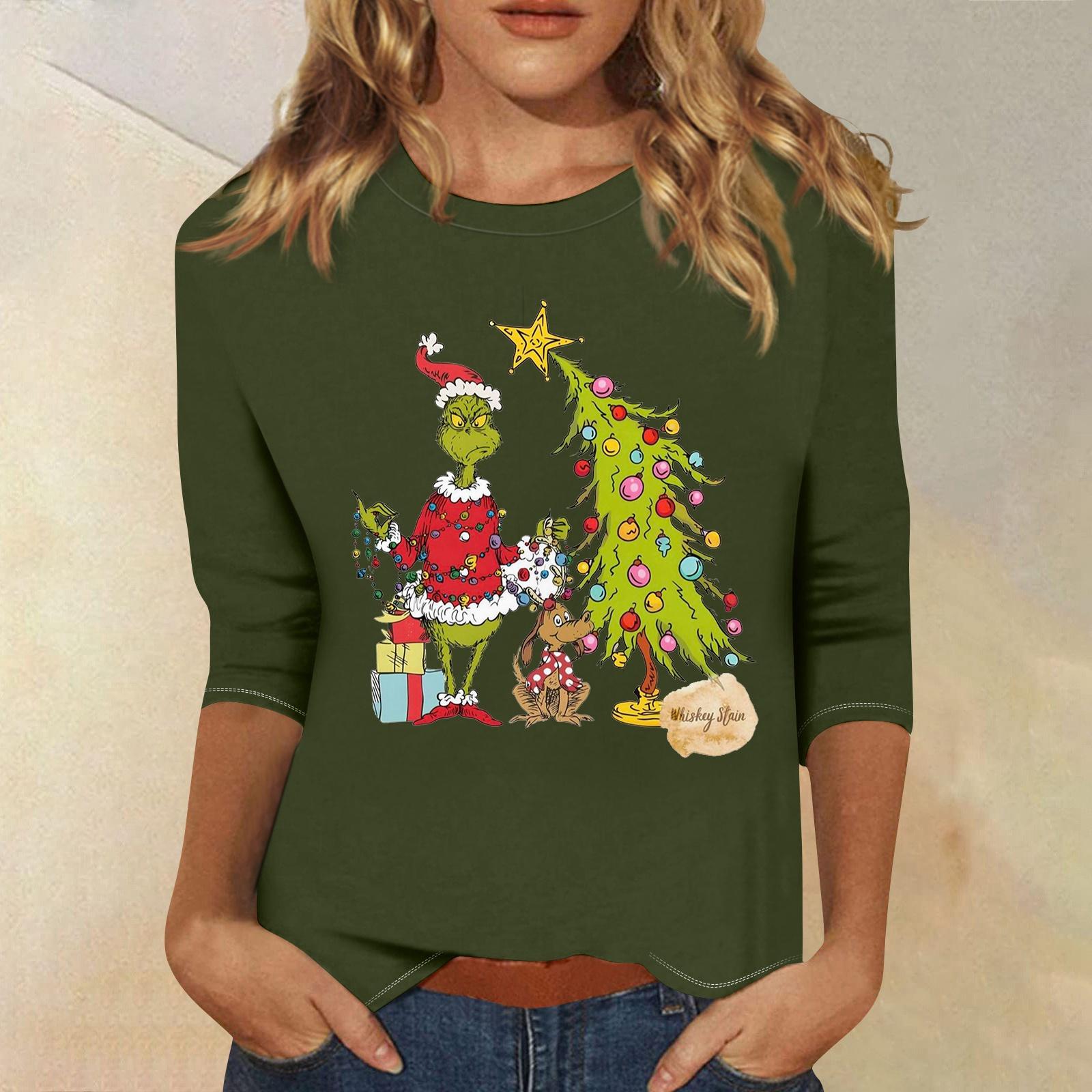 

3/4 рукава топы для женщин футболка повседневные рождественские принты топы футболка круглый вырез пуловер блузка L армия зеленый