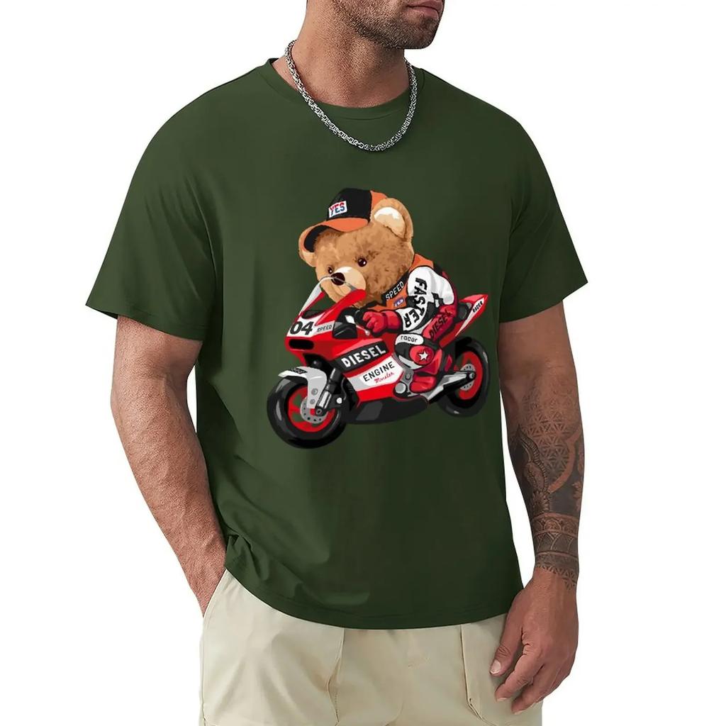 Cute Teddy Bear Riding Motorcycle T Shirt Harajuku Short Sleeve T-shirt 100% Cotton Graphics Tshirt Tops