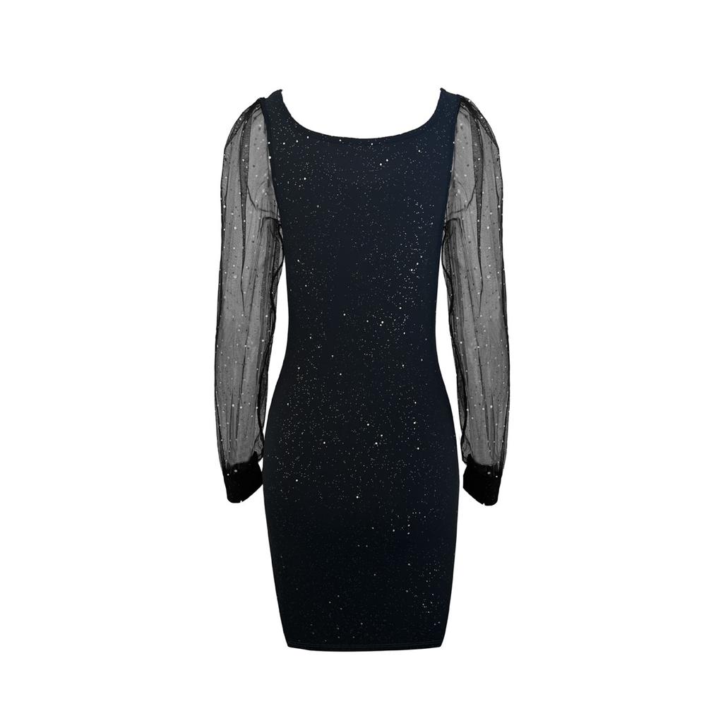 Dámské elegantní a sexy midi šaty s V-výstřihem, síťovanými rukávy a zlatým potiskem, slim fit