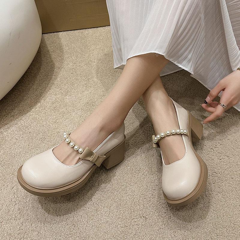 Mary Jane shoes spring summer Internet celebrity white high heels women French thick heel light mouth small leather shoes single shoes women