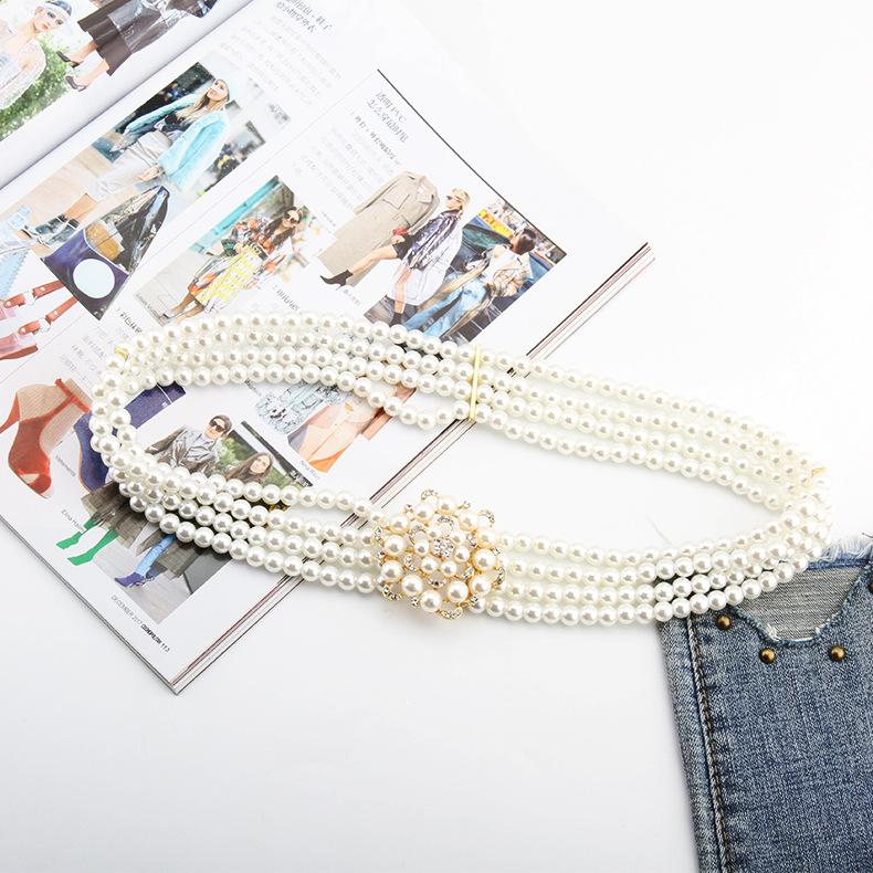 Ladies Dress Embellished With Four Rows Of High-Quality Pearl Elastic Elastic Flash Diamond Belt Waist Chain