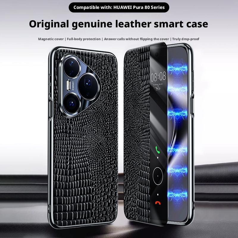 Premium Genuine Leather Crocodile Case For Huawei Pura 80 Ultra/ 80 Pro/80 Pro Plus/80 Magnetic Smart Window Anti-drop Cover