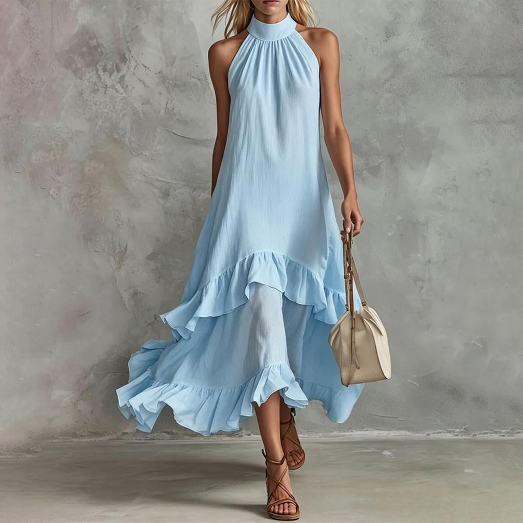 Women's Summer Retro Elegant Casual Round Neck Sleeveless Ruffled Midi Beach Dress
