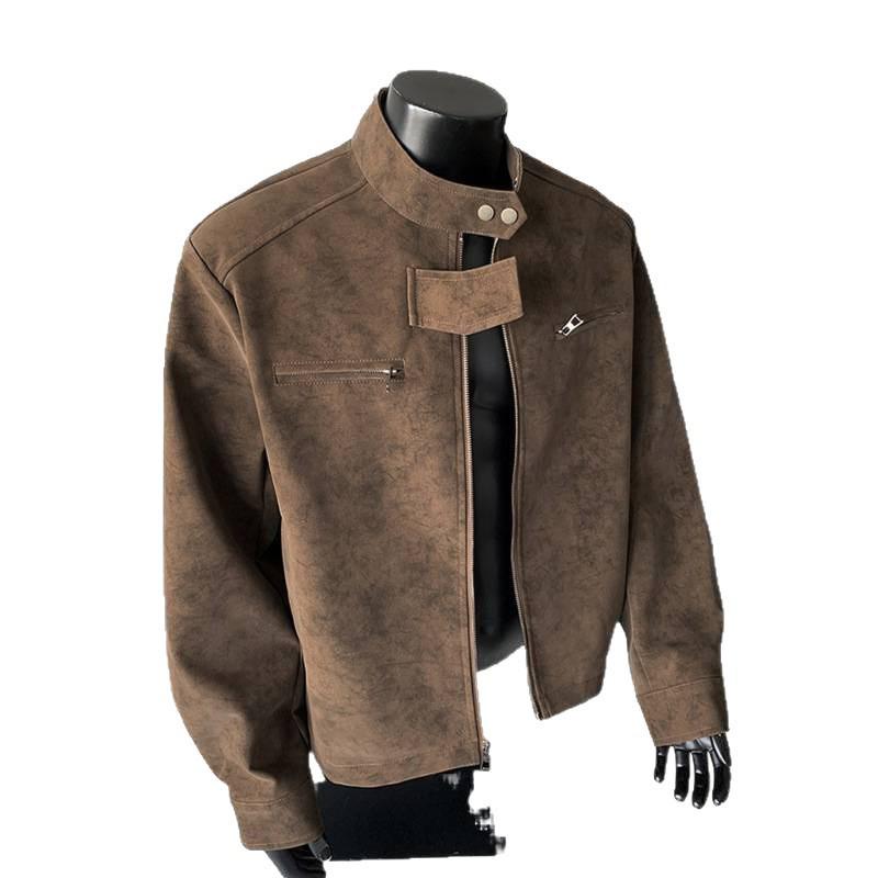 Men's Matte Leather Stand Collar Jacket - Autumn Motorcycle & Baseball Style