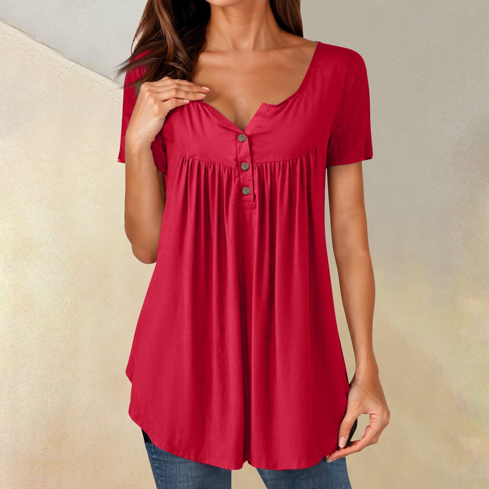 

Женские туники, топы, нарядные, повседневные, летние, рубашки с коротким рукавом, свободный крой, плиссированный топ в стиле бохо L красный