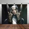 Gothic Nuns With Tattoos Tapestry, Rock Hand Sign Word Elements Wall Art For Living Room Backdrop Home Decor
