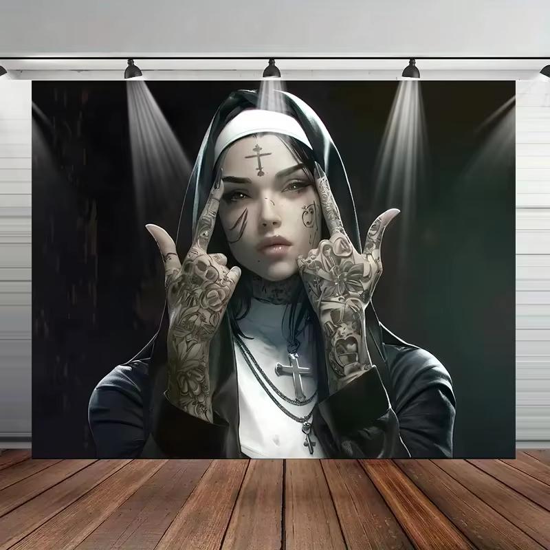 Gothic Nuns With Tattoos Tapestry, Rock Hand Sign Word Elements Wall Art For Living Room Backdrop Home Decor