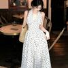 French retro polka dot white v-neck sleeveless neck dress sexy hottie beautiful waist a word long dress