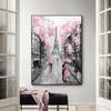 Solid Wood Frame Set Canvas Painting Pink Trees Tower Lovers With Umbrella Modern Street Wall Art Posters And Prints Home Decor