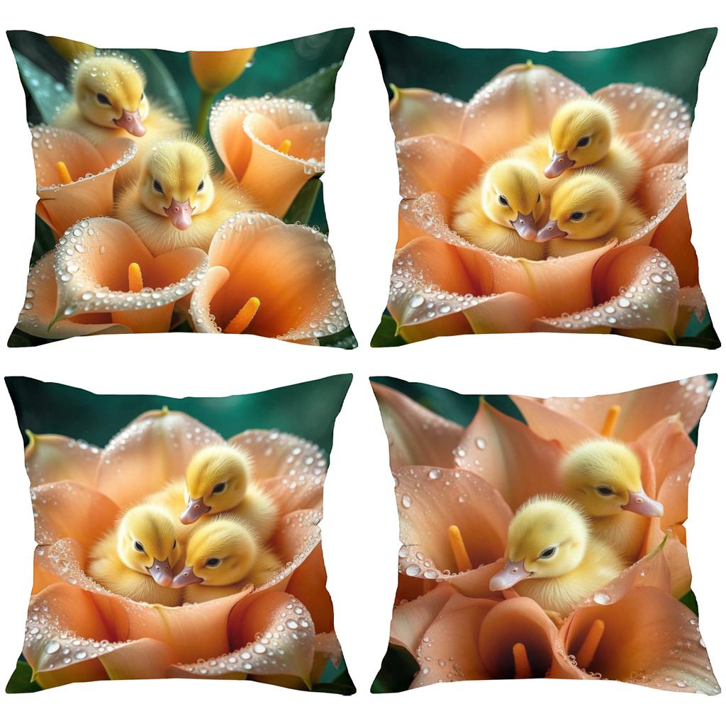 Cute Ducklings Nestled in Orange Lily Pattern Cushions Polyester pillowcase, sofa decorative cushion cov Headboard Pillow