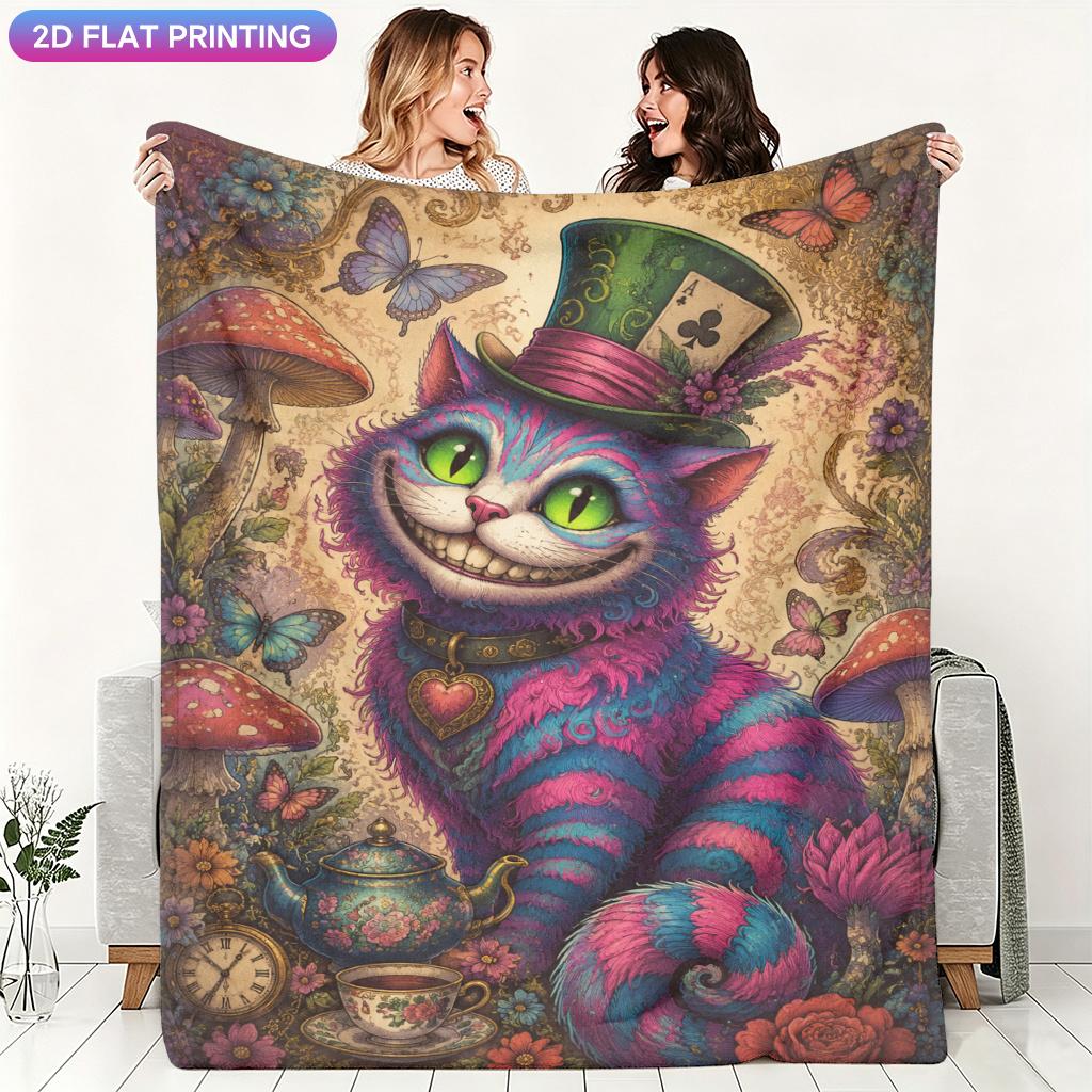 1 Printed Design Blanket, Smiling Cat with Hat Tale Style, Fleece Blanket, Suitable As a Cover Blanket, Air Conditioner Blanket, Shawl Blanket, Travel
