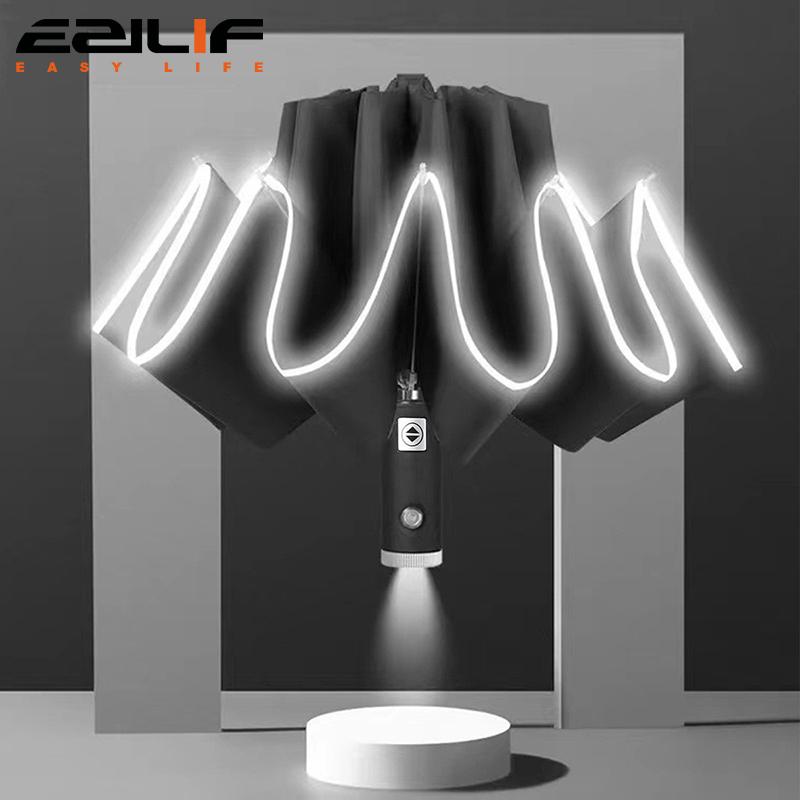 Plně automatický deštník s obráceným skládáním, Sluneční deštník, Velký deštník, Dvojí použití, LED svítilna, Reflexní deštník