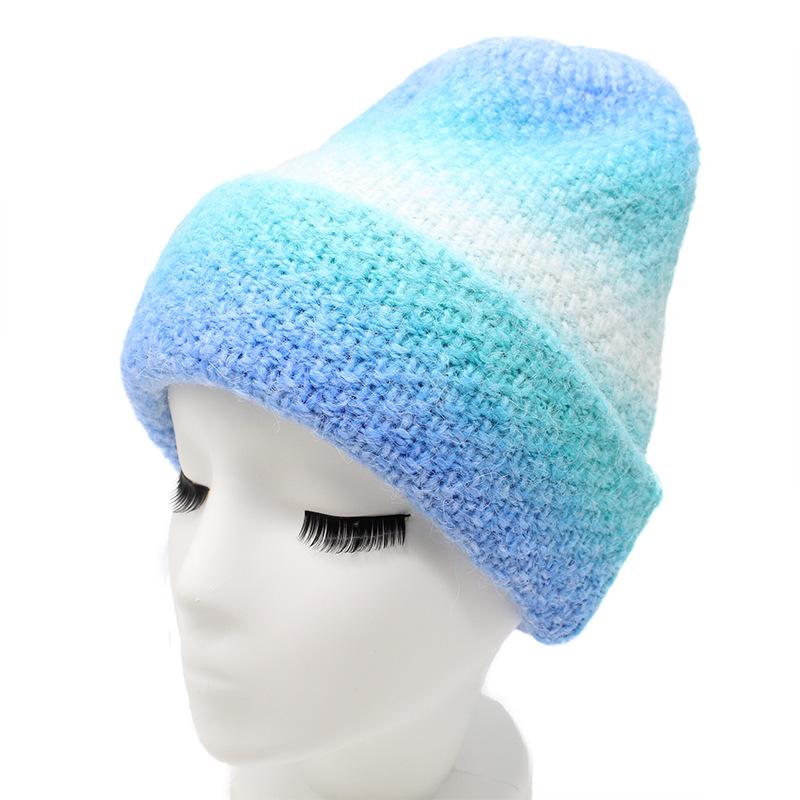 Tie-Dye Gradual Change Color Rabbit Hair Wool Hat Women'S Warm Rainbow Knitted Hat Ear Protector Pullover Hat