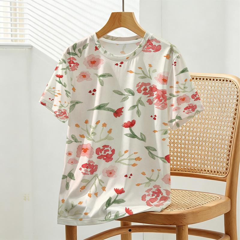 Women's Floral Collection Casual Basic Short Sleeve T-Shirt Soft Fabric, Fresh Design, Versatile for Daily Wear & Work Commute