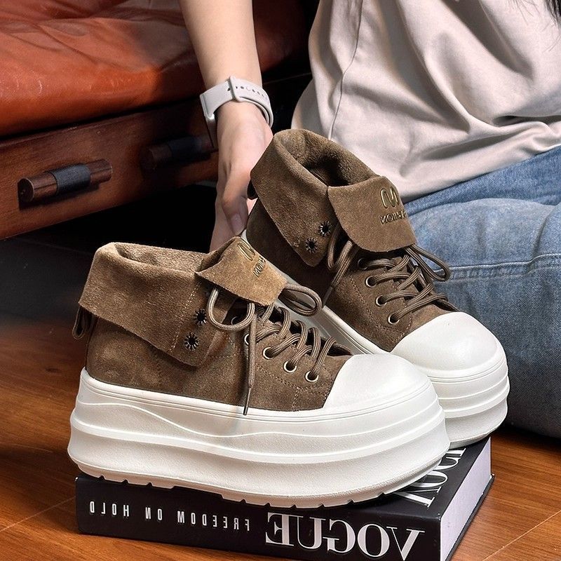 

Korean version of dopamine lapel two wear lace-up muffin shoes thick sole heightening new casual high-top shoes women s shoes 35 хаки