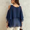 Women's Fashion Casual Mid Length Round Neck Lightweight Chiffon Blouse Cape Layered Design Cold Shoulder Top for Daily Wear