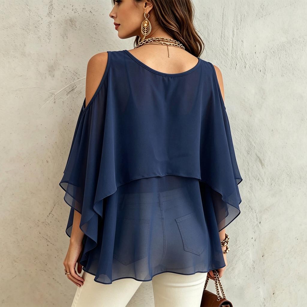 Women's Fashion Casual Mid Length Round Neck Lightweight Chiffon Blouse Cape Layered Design Cold Shoulder Top for Daily Wear