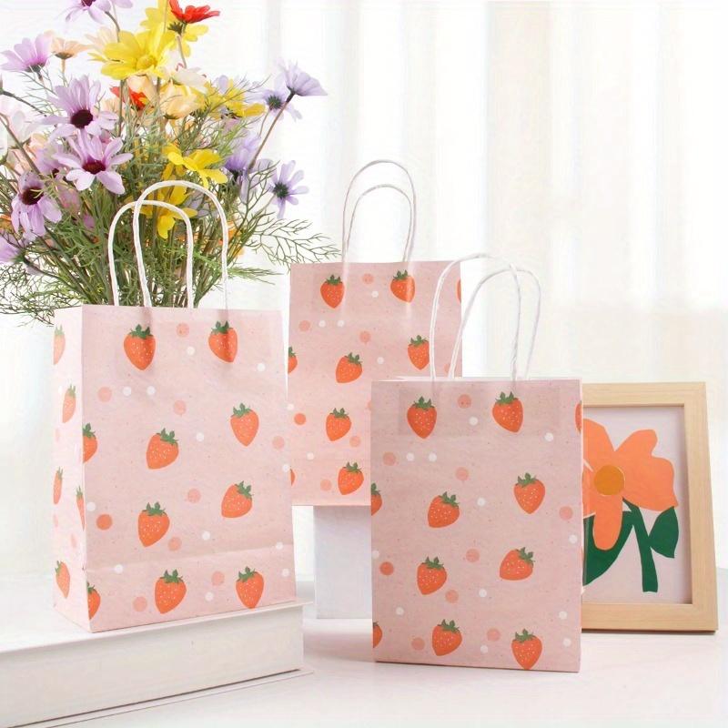 6pcs Pink Strawberry Pattern Tote Bag Girls Party Paper Gift Packaging Bag Strawberry Birthday Party Supplies Kids Favors Bag