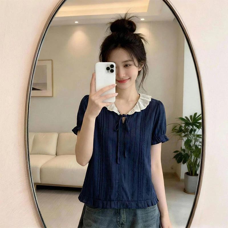 Women s Navy White Contrast Ruffle Collar Tie Neck Pintuck Short Sleeve Blouse L темно-синий