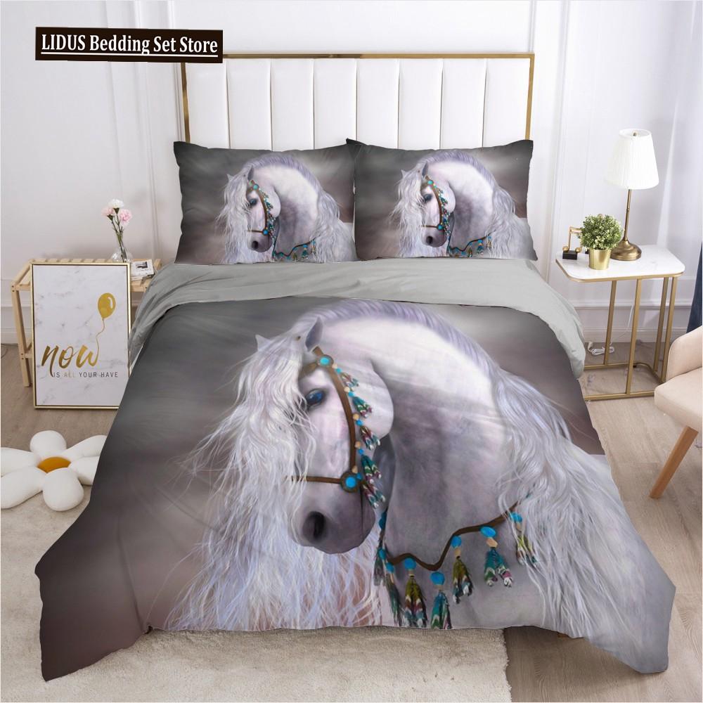 White Horse Duvet Cover Set Queen Size 3D Steed Print Bedding Sets Wildlife Comforter Cover Animals Bedspread Cover Quilt Cover
